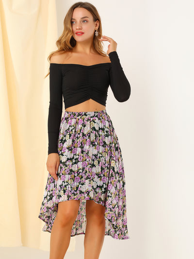 High Low Hem Elastic Waist Lurex Chiffon A-Line Midi Floral Skirt