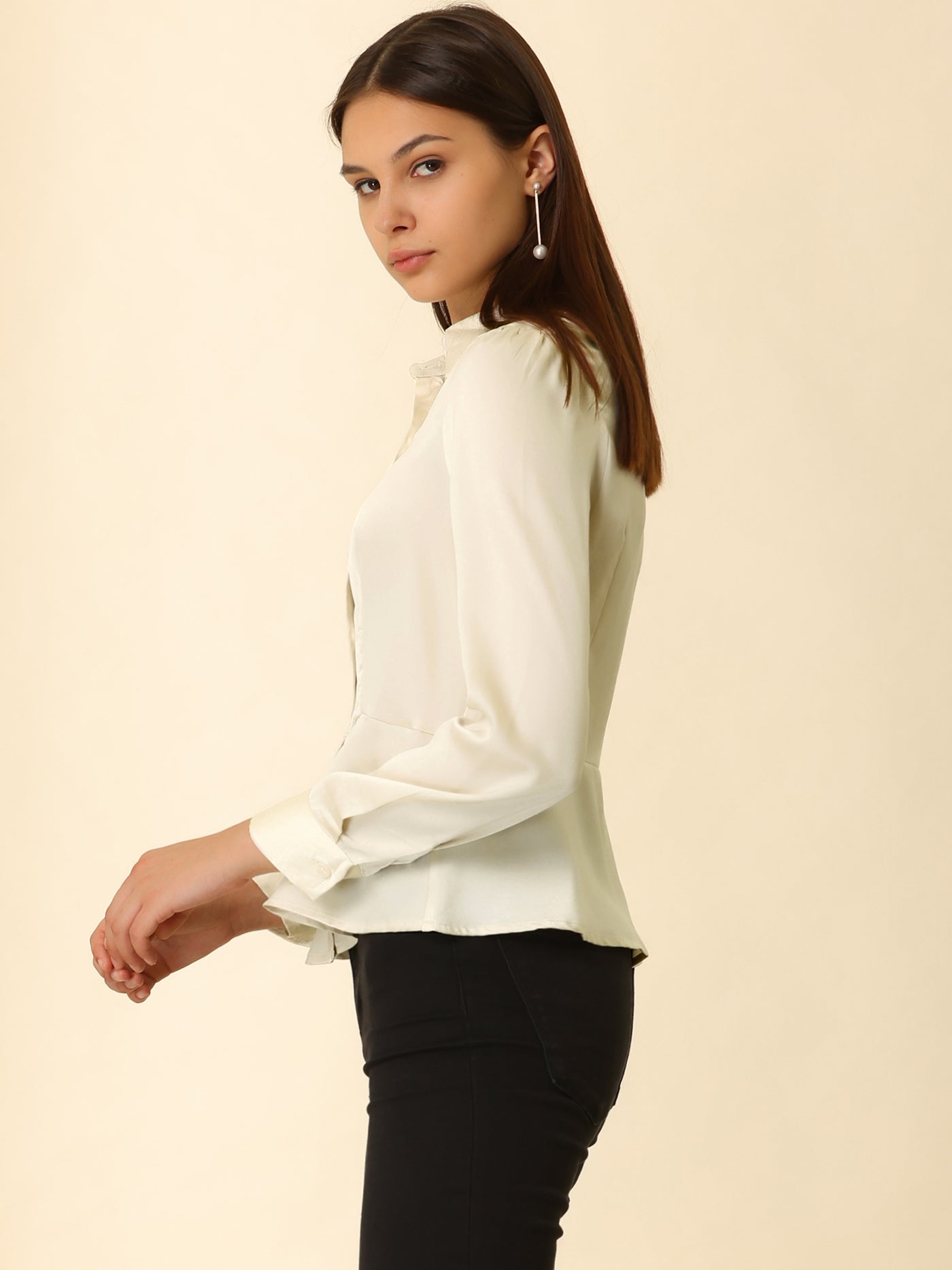 Allegra K Satin Peplum Work Shirt Turn Down Collar Career Button Up Tops