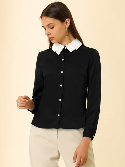 Work Tops Long Sleeve Contrast Collar Satin Button Down Shirt