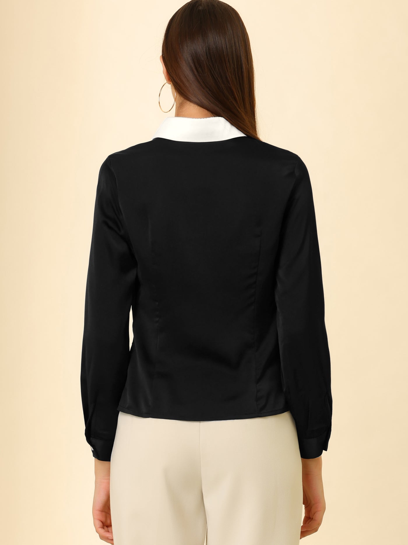 Allegra K Work Tops Long Sleeve Contrast Collar Satin Button Down Shirt