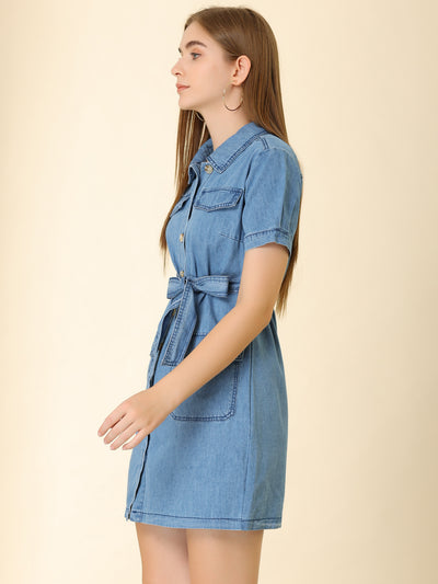 Jean Casual Collared Belted Button Down Denim Shirt Dress
