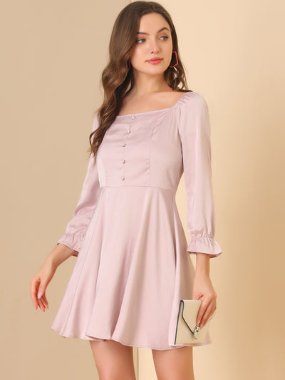 Allegra K Satin Mini Square Neck Long Sleeve Fit and Flare Dress