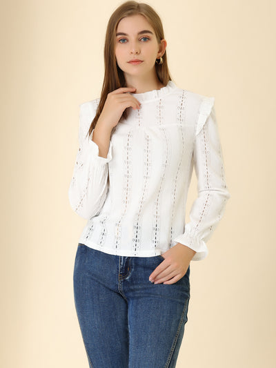 Ruffled Frill Trim Long Sleeve Hollow Out Stand Collar Top Blouse