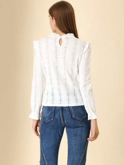 Ruffled Frill Trim Long Sleeve Hollow Out Stand Collar Top Blouse