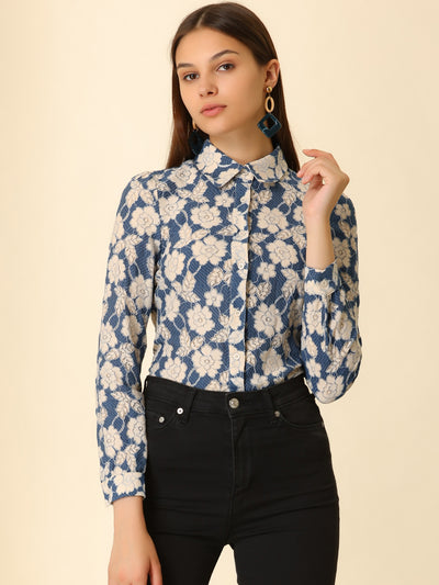 Allegra K Crochet Lace Button Down Shirt Long Sleeve Floral Blouse