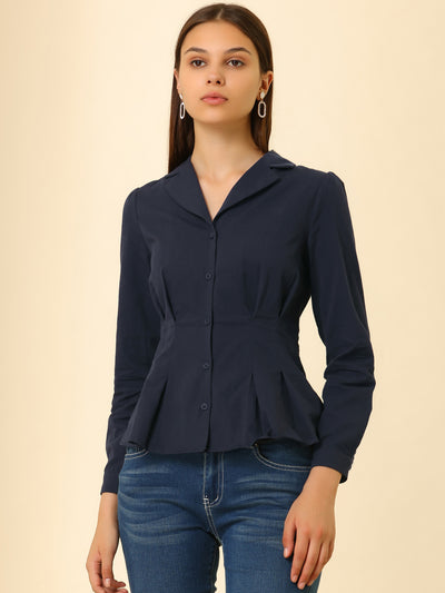 Peplum Shirt Cotton Camp Collar Button Front Cinched Waist Work Top