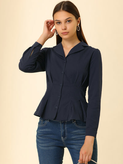Peplum Shirt Cotton Camp Collar Button Front Cinched Waist Work Top