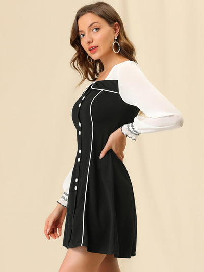 A-Line Elegant Ruffled Sleeve Contrast Color Dress