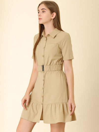 Allegra K Safari Button-Down Shift Belted Ruffle Cotton Office Shirt Dress