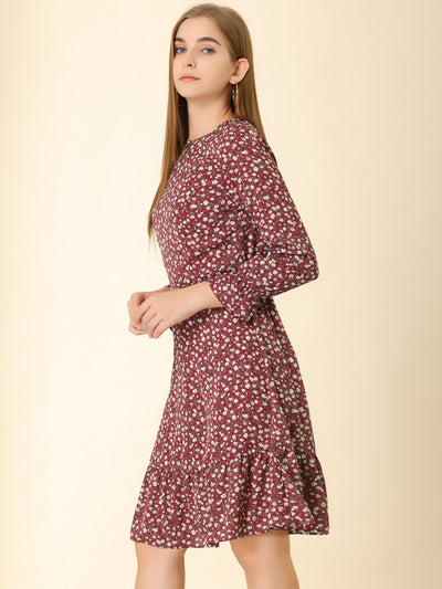 Long Sleeve Printed Elastic Waist Ruffle Hem Knee Length Dress