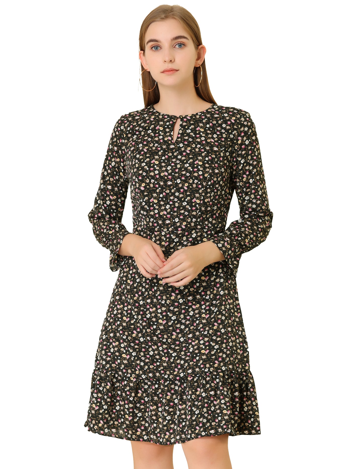 Allegra K Long Sleeve Printed Elastic Waist Ruffle Hem Knee Length Dress