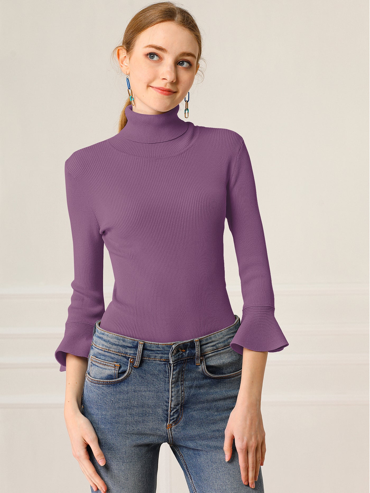 Allegra K Ruffled 3/4 Sleeve Turtleneck Knitted Pullover Sweater