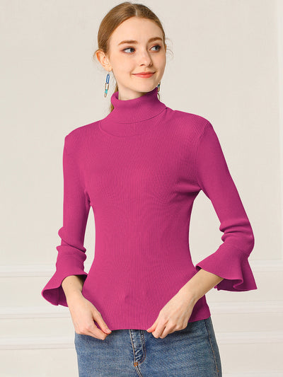Allegra K Ruffled 3/4 Sleeve Turtleneck Knitted Pullover Sweater