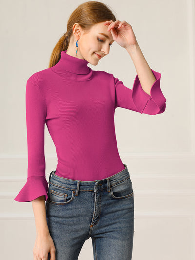 Ruffled 3/4 Sleeve Turtleneck Knitted Pullover Sweater