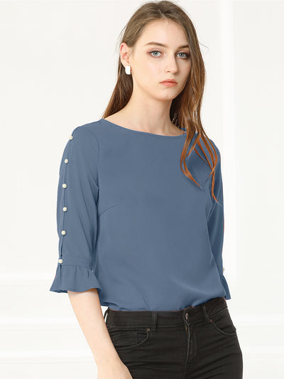 Ruffle Half Sleeve Keyhole Casual Tops Button Solid Blouse Top