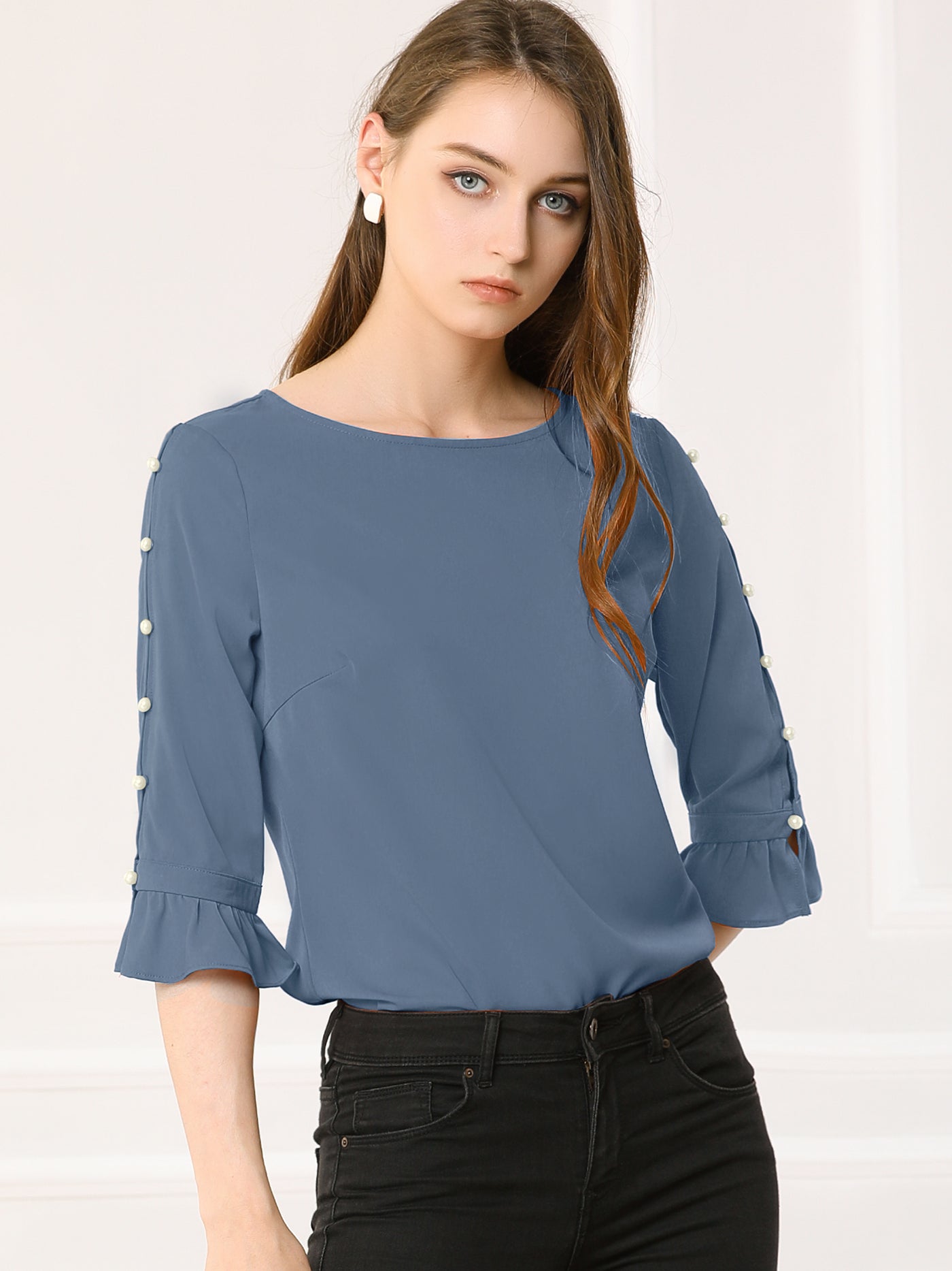 Allegra K Ruffle Half Sleeve Keyhole Casual Tops Button Solid Blouse Top
