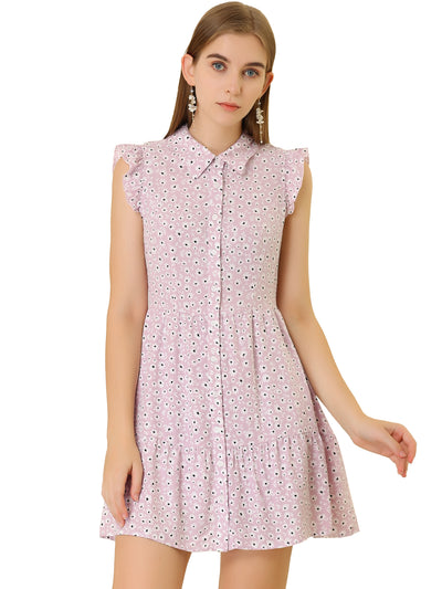 Daisy Floral Ruffle Sleeve Pleated Button Up Dress