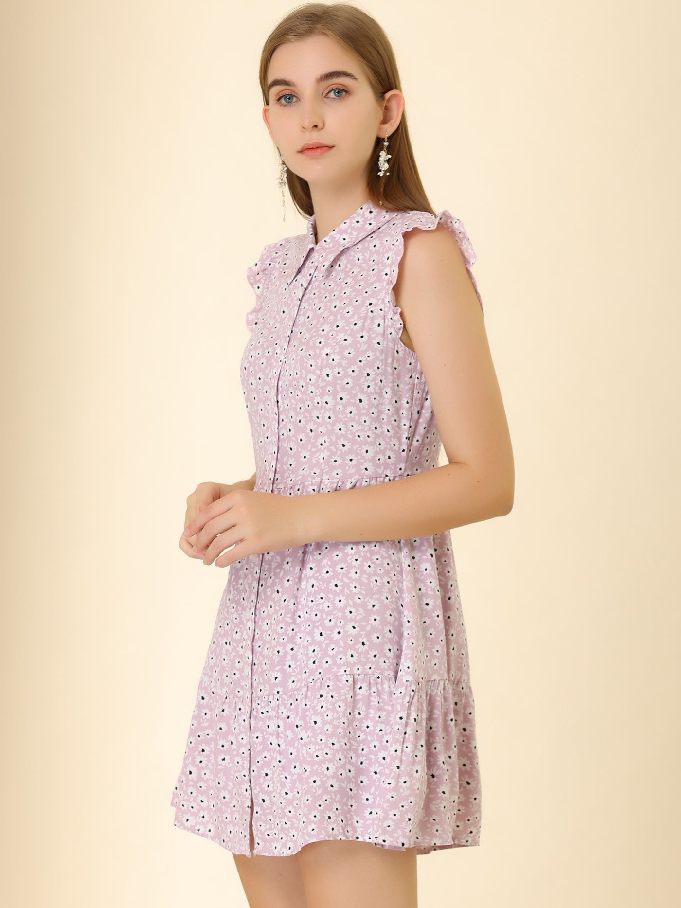 Allegra K Daisy Floral Ruffle Sleeve Pleated Button Up Dress