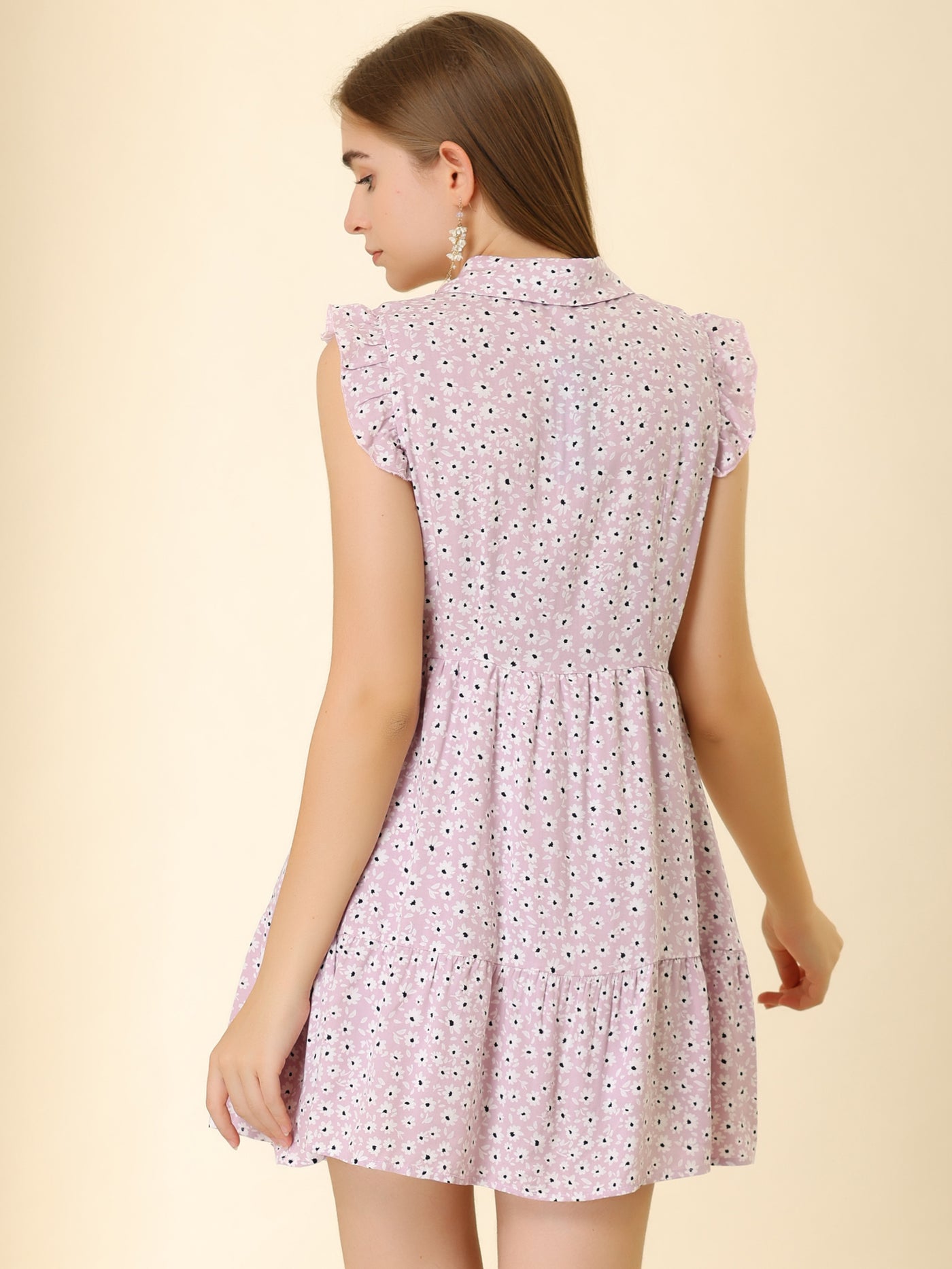 Allegra K Daisy Floral Ruffle Sleeve Pleated Button Up Dress