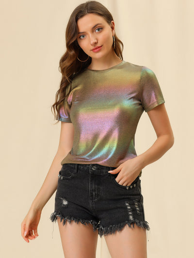 Party Metallic Textured Short Sleeve Shiny Multicolor Top