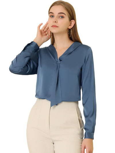Satin Tie Neck Long Sleeve Solid Color Elegant Office Work Shirt Top