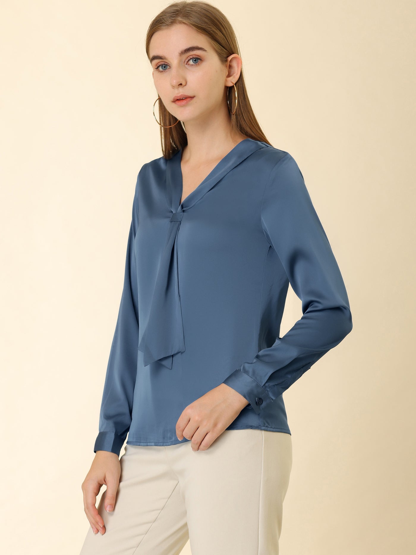 Allegra K Satin Tie Neck Long Sleeve Solid Color Elegant Office Work Shirt Top