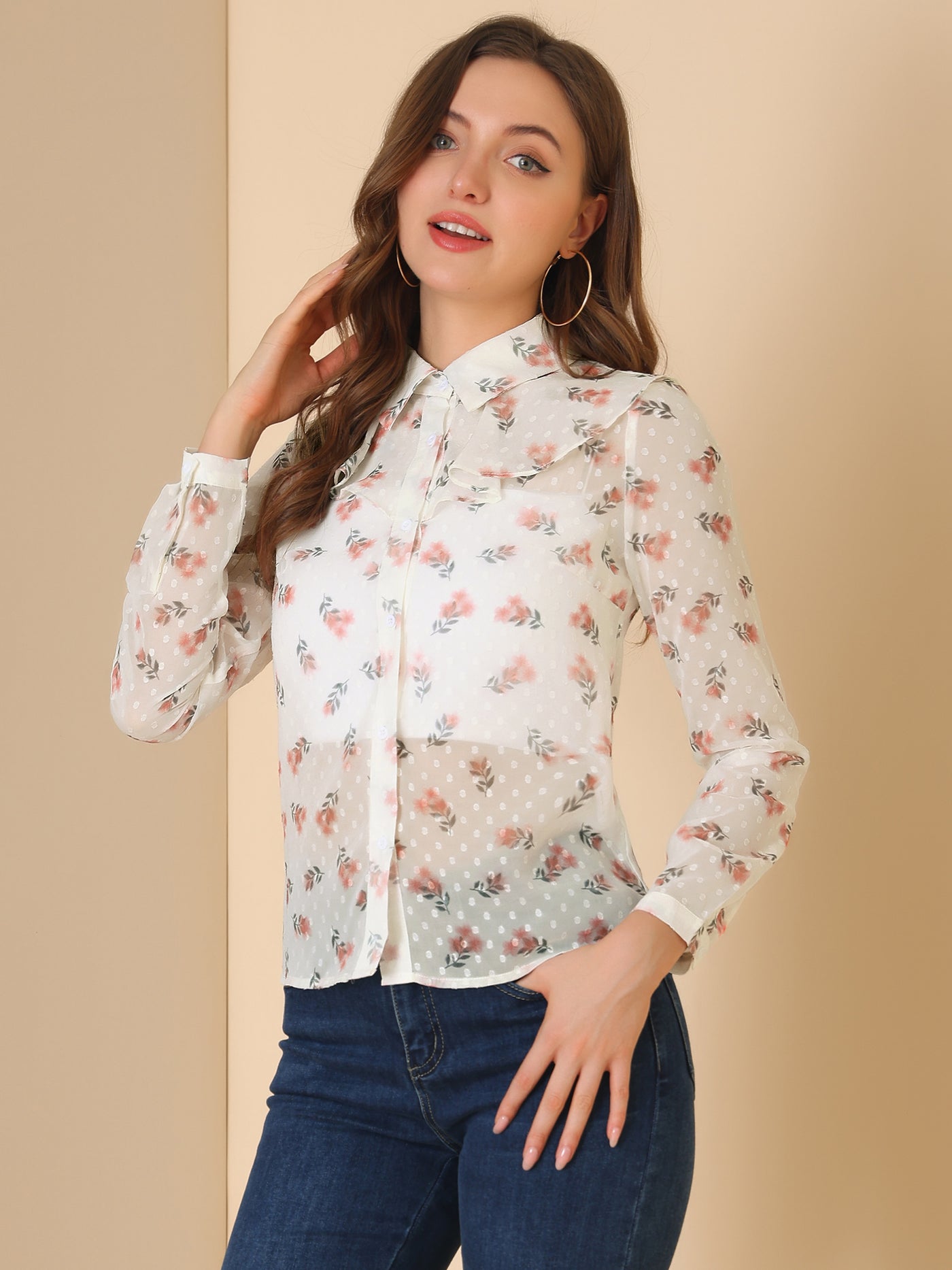 Allegra K Swiss Dots Floral Shirt Ruffle Neck Long Sleeve Sheer Blouse Top