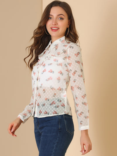 Swiss Dots Floral Shirt Ruffle Neck Long Sleeve Sheer Blouse Top