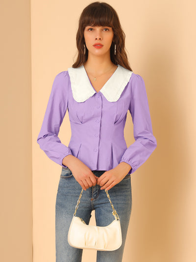 Allegra K Contrast Peter Pan Collar Long Sleeve Button Down Cotton Shirt