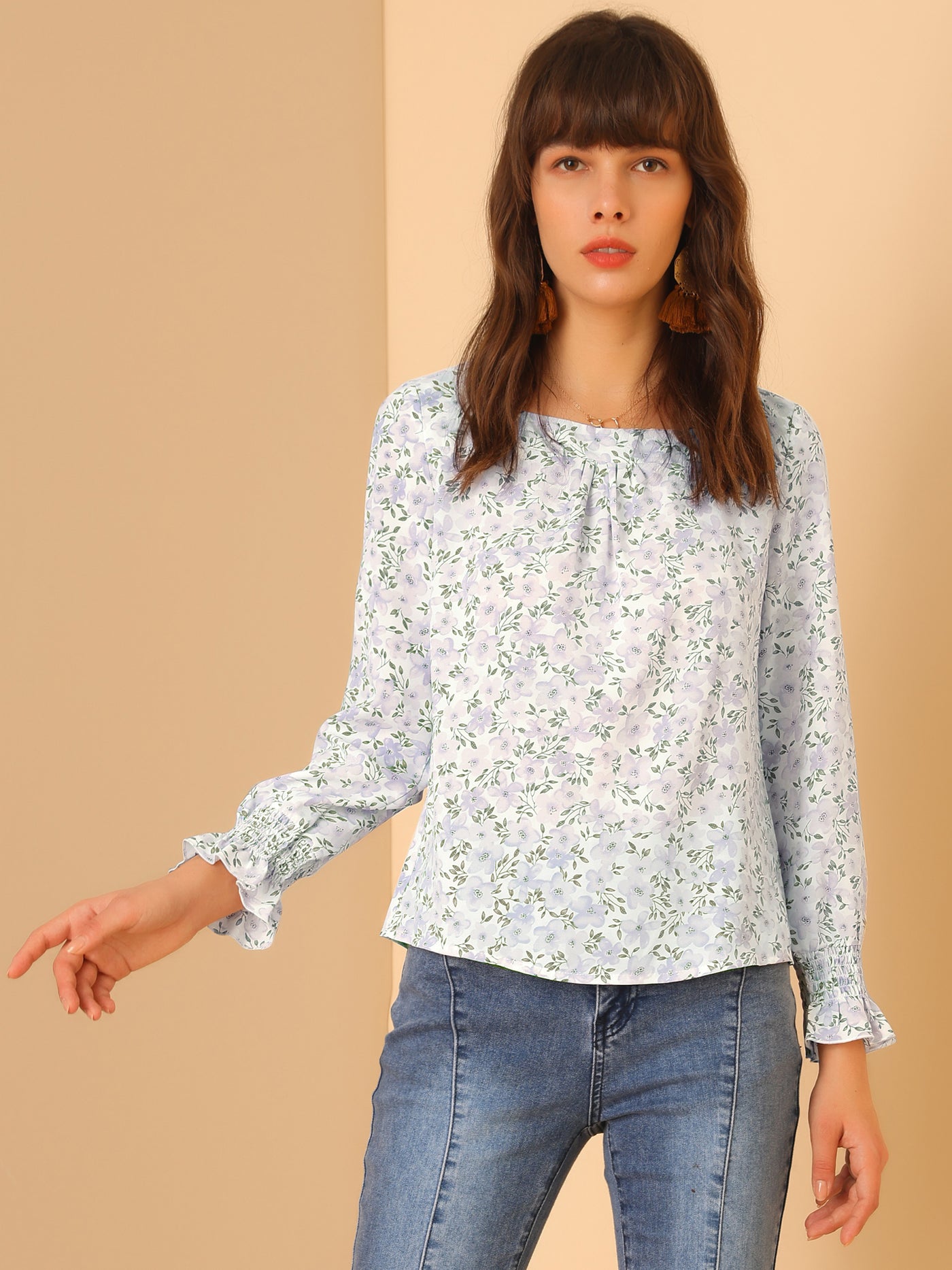 Allegra K Floral Blouse Square Neck Ruffled Long Sleeve Chiffon Peasant Top