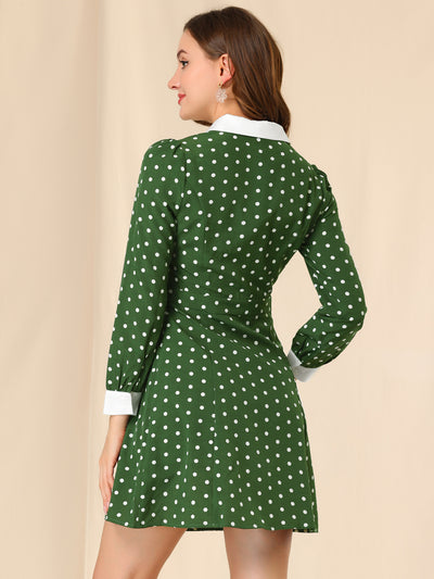 Retro Contrast Polka Dot Long Sleeve A-Line V-neck Lapel Dress