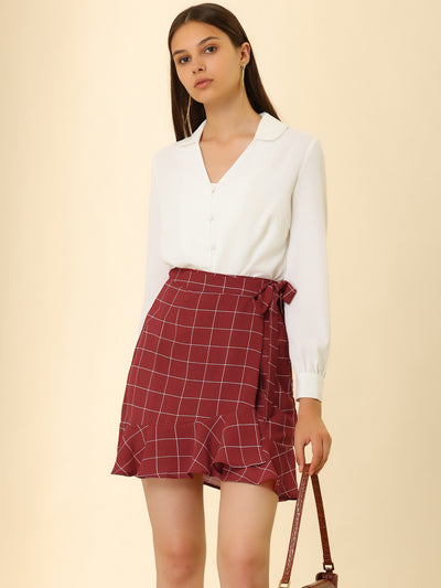 Wrap Self Tie Ruffle Hem Plaid Grid Mini Skirt