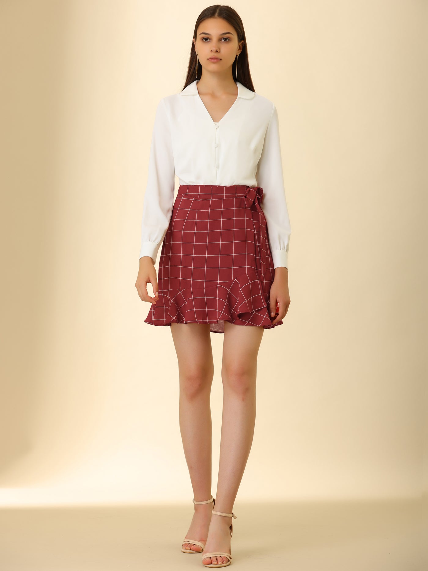Allegra K Wrap Self Tie Ruffle Hem Plaid Grid Mini Skirt