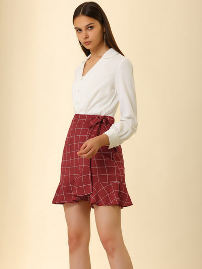 Wrap Self Tie Ruffle Hem Plaid Grid Mini Skirt