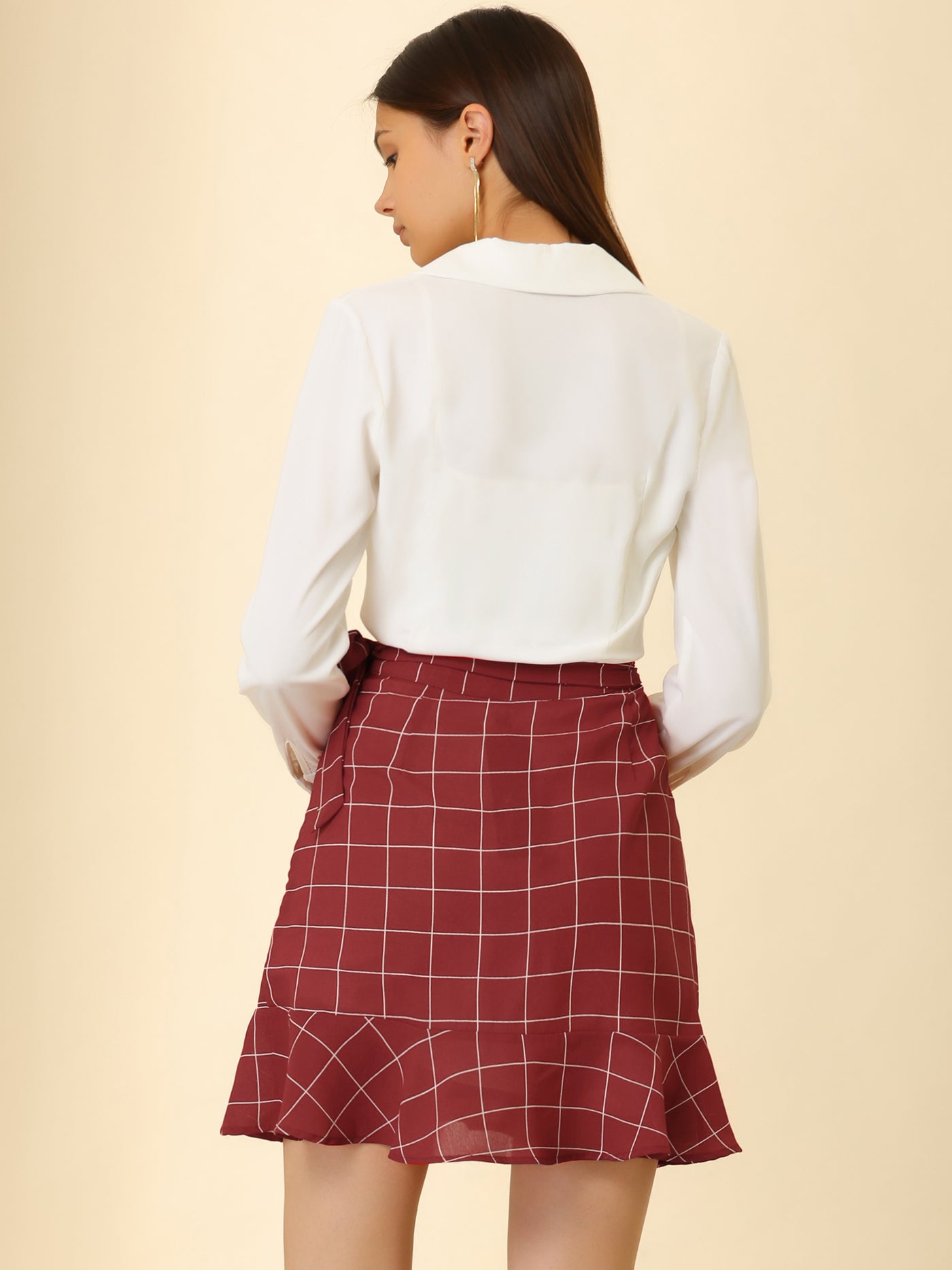 Allegra K Wrap Self Tie Ruffle Hem Plaid Grid Mini Skirt