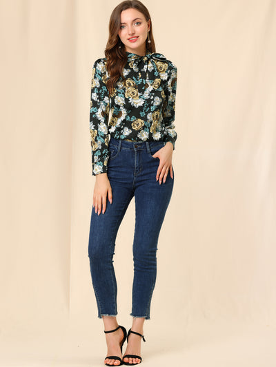 Bow Tie Neck Puff Sleeve Floral Elegant Work Top Blouse