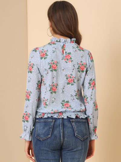 Ruffled Floral Printed Vintage Collared Smocked Waist Blouse