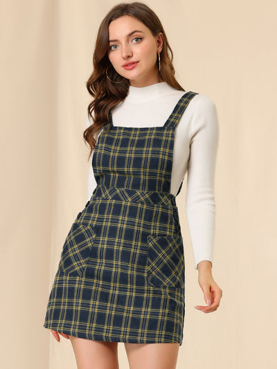 Plaid Tartan Button Decor A-Line Pinafore Overall Dress
