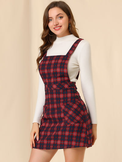 Plaid Tartan Button Decor A-Line Pinafore Overall Dress