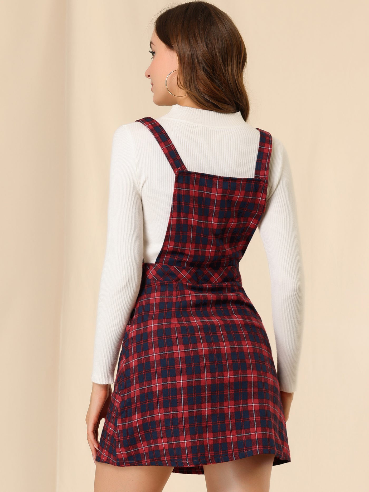 Allegra K Plaid Tartan Button Decor A-Line Pinafore Overall Dress