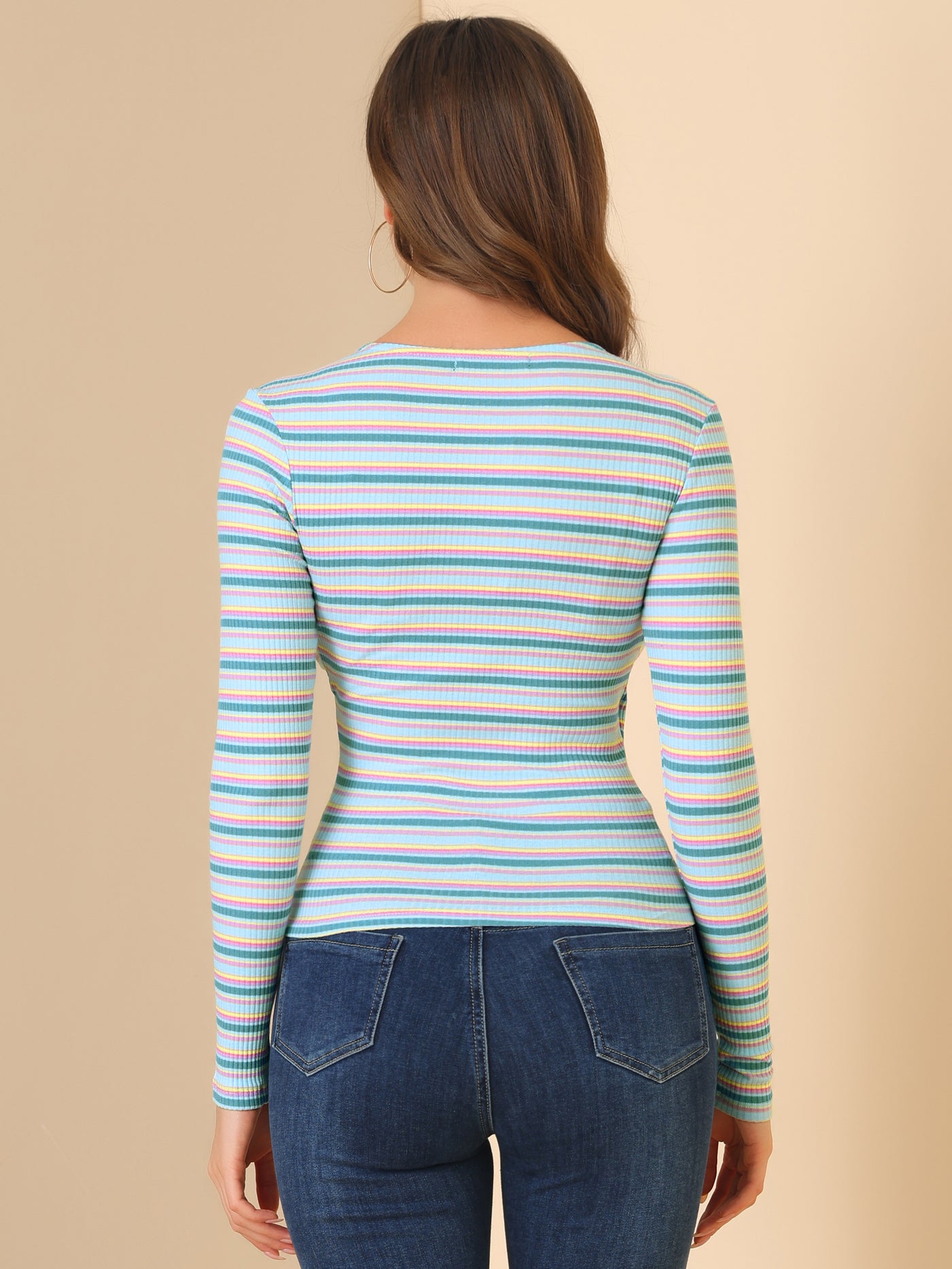 Allegra K Stripe Rainbow Tops Slim Long Sleeve Knit Colorful T-Shirt
