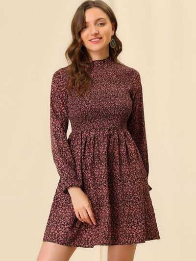 Ruffle Neck Long Sleeve A-Line Smocked Floral Dress