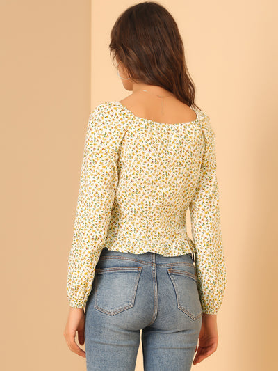 Ditsy Floral Sweetheart Neck Long Sleeve Pleated Ruffle Blouse Top
