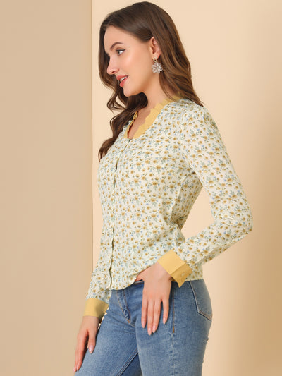 V Neck Ruffle Contrast Collar Long Sleeve Button Front Floral Shirt