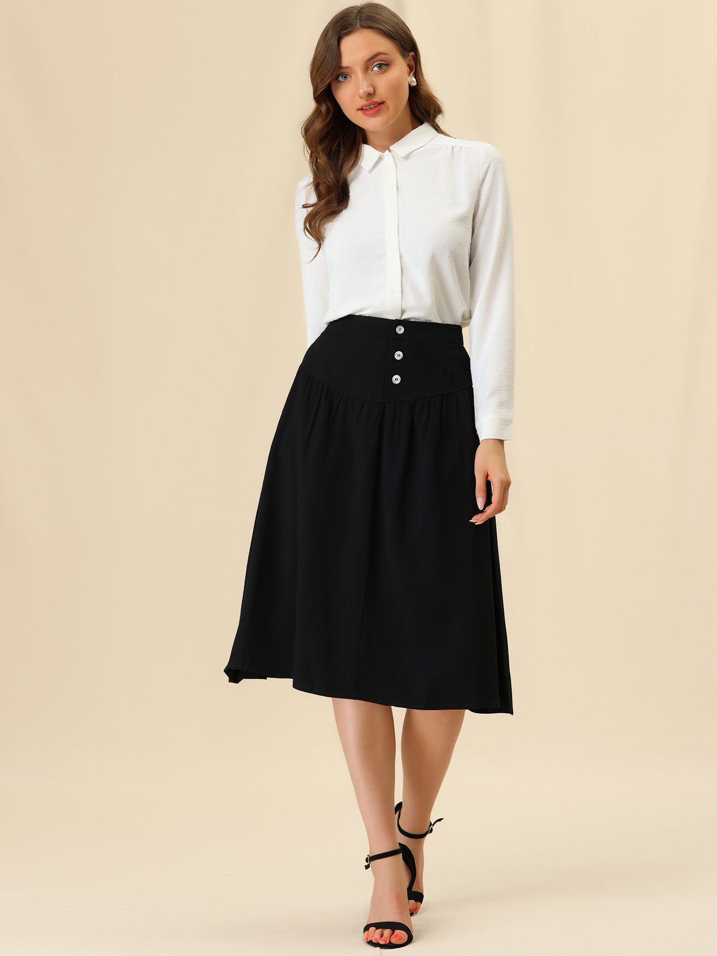 Allegra K Work Pleated Button Front Elastic Back Elegant A-Line Skirt