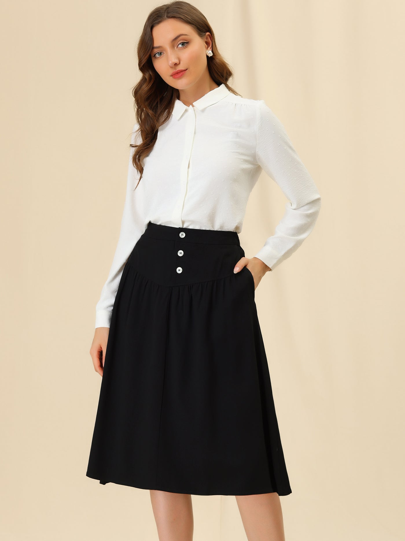 Allegra K Work Pleated Button Front Elastic Back Elegant A-Line Skirt