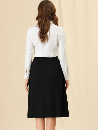 Work Pleated Button Front Elastic Back Elegant A-Line Skirt