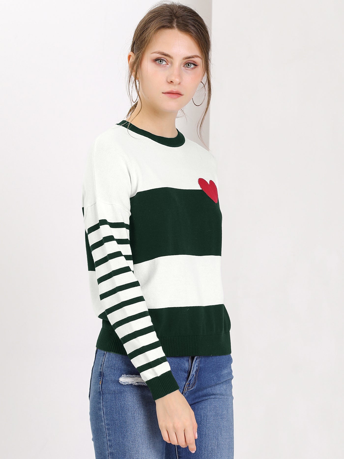 Allegra K Drop Shoulder Crew Neck Striped Color Block Knit Pullover Sweater