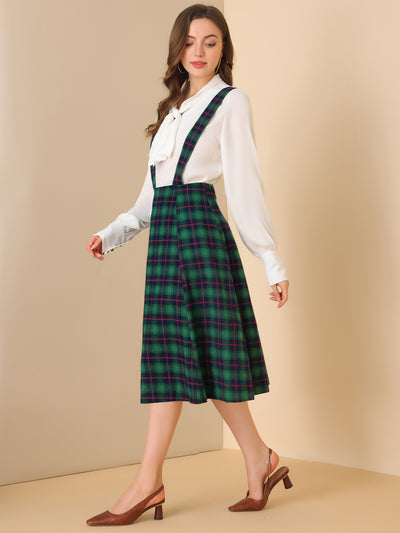 Plaid Overall Dress High Waist A-Line Tartan Suspender Midi Skirt