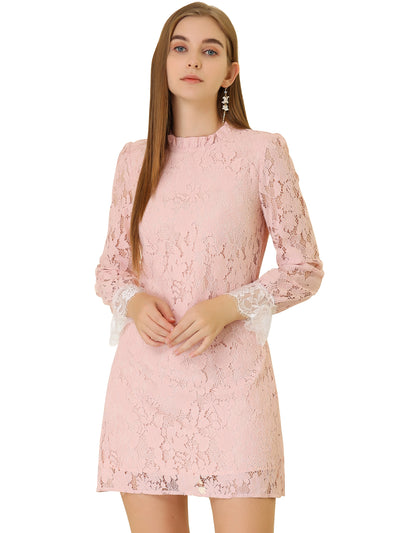 Allegra K Lace Floral Ruffle Crew Neck Cocktail Elegant Mini Dress